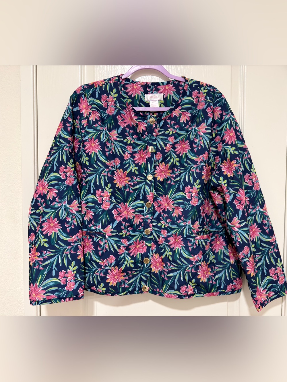 Stella Parker NWT Floral Bomber Jacket XL Petite Blue Pink Tropical